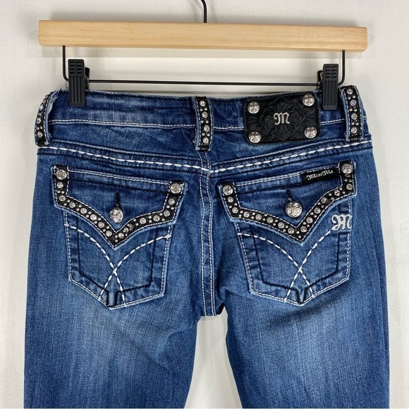 Miss Me Boot Cut Beaded Jeweled Moto‎ Biker Dark Wash Denim Blue Jeans Size 26 - Picture 4 of 6